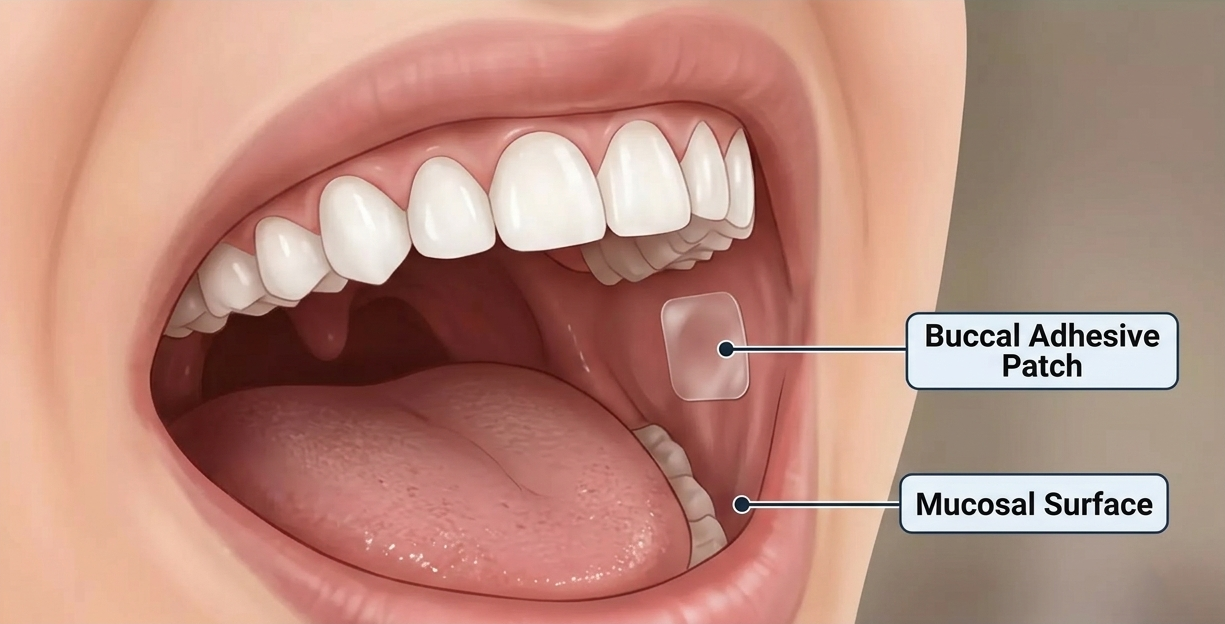 Buccal adhesive patch on the mucosal surface inside the mouth